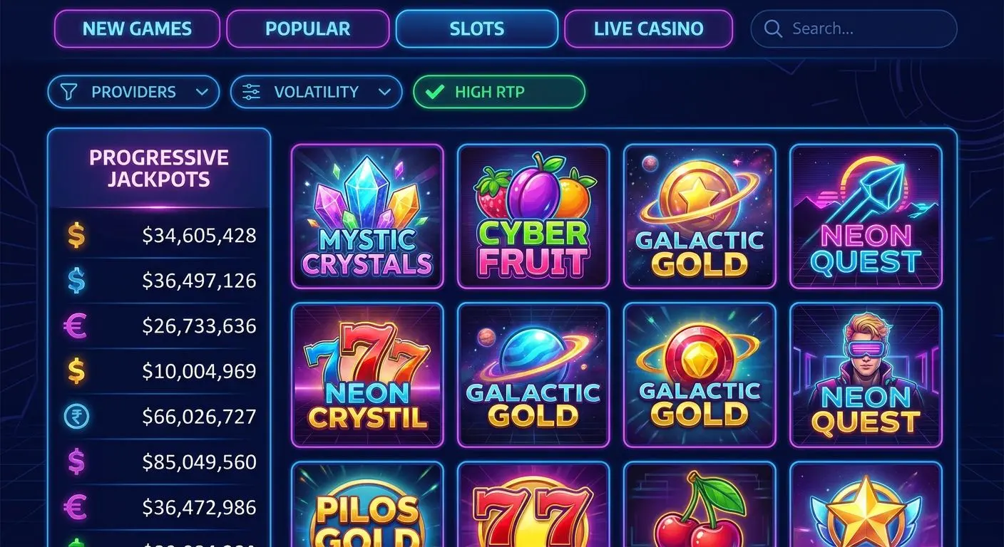 Slot lobby interface with categories filters and featured slot thumbnails
