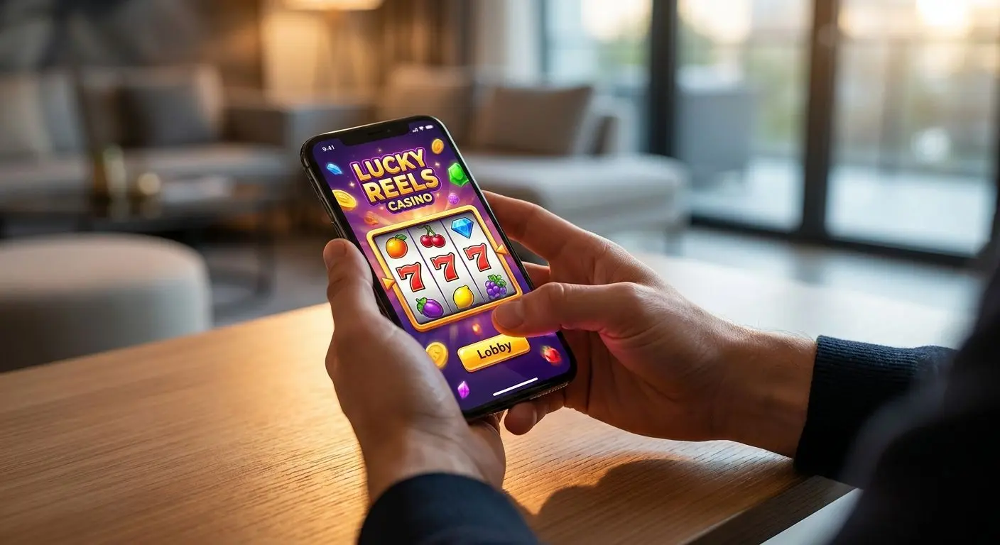 Mobile phone showing colourful video slots and slot lobby navigation