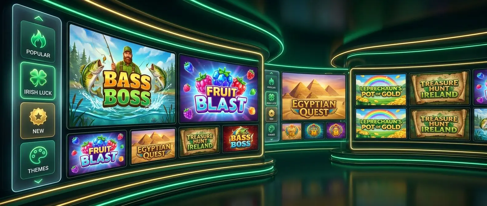 PlayOJO-style video slots lobby with colourful slot categories and featured games